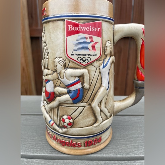 VTG 1984 LA Summer Games Olympics Budweiser Stein Mug Gymnastics Track Swimming - Picture 1 of 12
